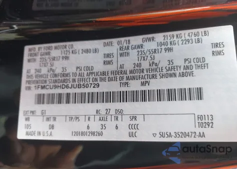 2018 Ford Escape Sel z USA, uszkodzony, nr VIN 1FMCU9HD6JUB50729